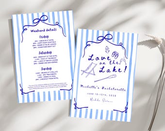 Plantilla de invitación e itinerario para despedida de soltera "Amor en el lago", invitación editable para despedida de soltera en el lago, descarga digital de Canva