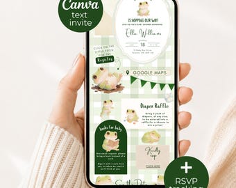 Frog Baby Shower Invitation Website, A Little One Is Hopping Our Way Evite, Trackable RSVP, Editable Canva Template