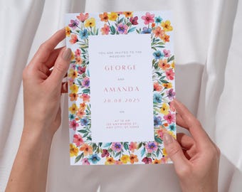 Colorful Watercolor Floral Wedding Invitation, Editable Wedding Template, Bright Botanical Invite, Digital Printable Download