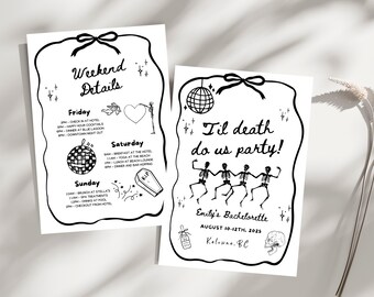Pode incluir: Dois convites de festa em preto e branco. Um diz "Weekend Details" com um cronograma e ilustrações. O outro diz "Til death do us party!" com esqueletos dançando e detalhes do evento.