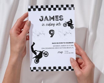 Riding into 9 Birthday Invitation, Dirt Bike Birthday Invite, Motocross 9th Birthday Template, Editable Boy Party, Canva Digital Download