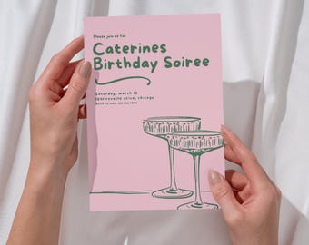 Champagne Soiree Invitation, Hand Drawn Birthday Invite, Pink Green Coup Glass Template, Editable Canva Invite, Instant Download
