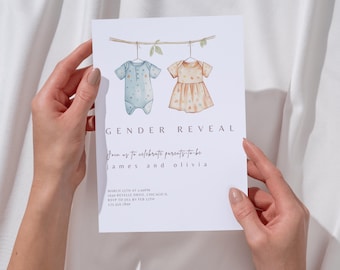 Gender Reveal Invitation, Editable Vintage Baby Clothes Invite Template, Neutral Gender Reveal Party, Instant Digital Download