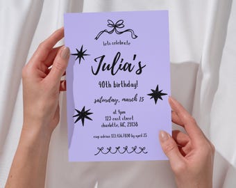Black Bow Birthday Invitation, Purple Birthday Invite, Editable Minimalist Party Template, 30th 40th Birthday, Canva Digital Download