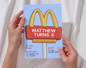 McDonald's Sign Birthday Invitation, Fast Food Birthday Invite, Hand Drawn Party Template, Editable Canva Invitation, Digital Download