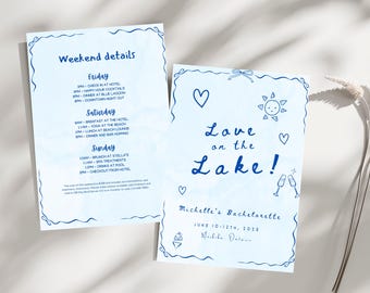 Plantilla de invitación e itinerario para despedida de soltera "Amor en el lago", invitación editable para despedida de soltera en el lago, descarga digital de Canva