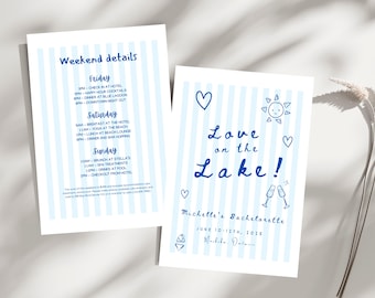 Plantilla de invitación e itinerario para despedida de soltera "Amor en el lago", invitación editable para despedida de soltera en el lago, descarga digital de Canva