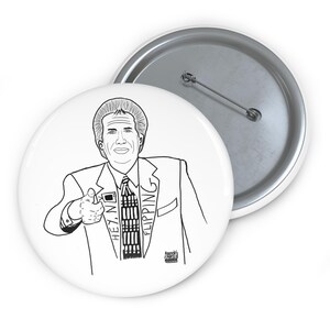 May include: A white button badge with a black and white illustration of a man in a suit giving a thumbs up. The text "HEY, NO FLIPPING" is printed on the badge. The badge has a silver metal backing and a pin.