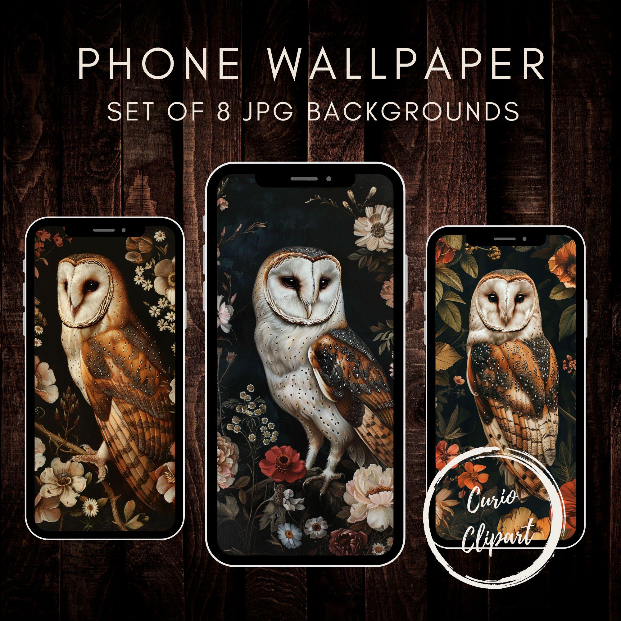 Set of 8 Owl Phone Wallpapers – Dark Floral Backgrounds (Digital Download)