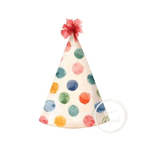 May include: A conical party hat with a cream-colored base featuring a watercolor-style pattern of multicolored polka dots in shades of blue, green, orange, and pink. The top of the hat is adorned with a red decorative bow made of thin ribbons.