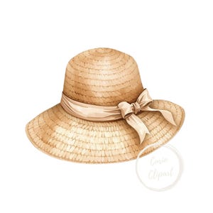 May include: A watercolor illustration of a straw sun hat with a wide brim. The hat is tan with a cream-colored ribbon tied in a bow around the crown. The hat is a classic summer accessory.