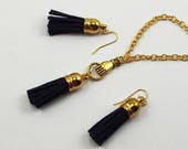 Leather Tassel Necklace Set Navy Blue Suede Matching Earrings, Faux Suede, Victorian Hand Door Knocker Edwardian Gold Dark Blue Jewelry