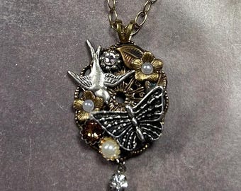 Butterfly and Bird Necklace with Matching Bird Earrings, Antique Gold Floral Assemblage Jewelry