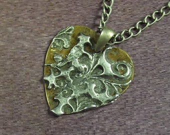 Silver Heart Necklace, Women's Handmade Brass Solder Stamped Pendant Necklace with Silver Chain