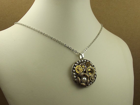 Steampunk Watch Necklace Silver Gears Pearl Collage Stainless - Etsy