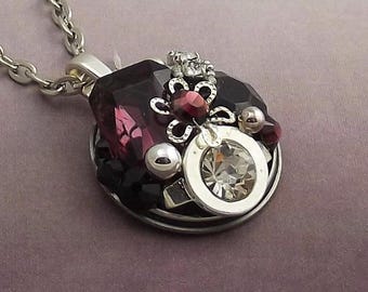 Purple Crystal Necklace and Earring Set, Silver Tone Assemblage Jewelry, Floral Statement Set
