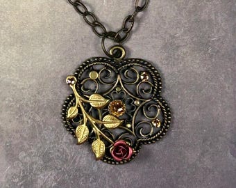 Red Rose Necklace and Earring Set, Antique Gold Floral Pendant, Victorian Statement Jewelry