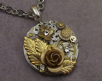 Rose Necklace, Steampunk Necklace, Stainless Steel Jewelry, Brass Jewelry Collage Necklace, Recycled Pocket Watch, Jewelry with Flowers OOAK