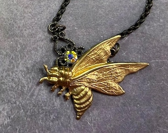 Antique Gold Bee Necklace and Crystal Stud Earring Set, Victorian Insect Jewelry