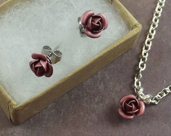 Pink Rose Necklace Set, Stud Earrings, Minimalist Jewelry, Roses, Rose Jewelry, Flower Jewelry, Jewelry for Girls Women, Match with Blush