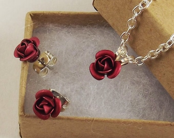 Red Rose Necklace Set, Rose Stud Earrings, Flower Jewelry, Rose Jewelry, Jewelry for Girls, Minimalist, Inexpensive Girls Gift, Women's Gift