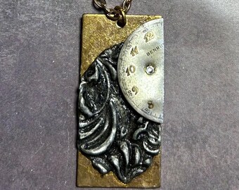 Solder Stamped Brass Necklace, Hand Patina Clock Pendant, Steampunk Mixed Metal Statement Jewelry