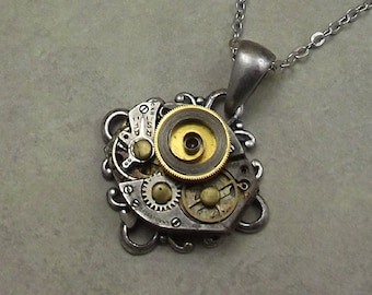 Steampunk Recycled Watch Necklace, Silver Steel Jewelry, Art Pendant Necklace, Reused Watch Jewelry