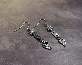 Silver Flower and Leaf Dangle Earrings, Rustic Botanical Earrings, Boho Nature Jewelry