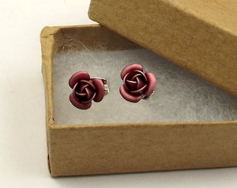 Pink Rose Stud Earrings, Tiny Rose Post Earrings in Gift Box, Frosty Pink Anodized Aluminum Roses, Girls Womens Minimalist, Match with Blush