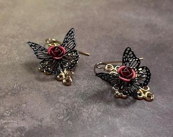 Black Butterfly Earrings with Red Roses, Antique Gold Floral Dangle Earrings, Victorian Style