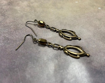 Antique Brass Dangle Earrings, Victorian Openwork Earrings, Brown Crystal Bead Jewelry