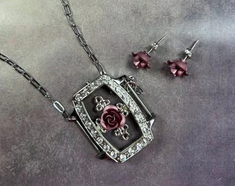 Pink Rose Necklace and Earring Set, Silver Crystal Pendant, Romantic Floral Statement Jewelry