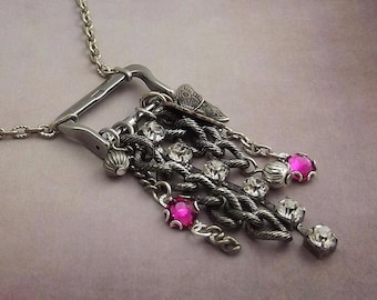 Fuchsia Butterfly Charm Necklace and Earring Set, Silver Assemblage Jewelry, Recycled Buckle Pendant