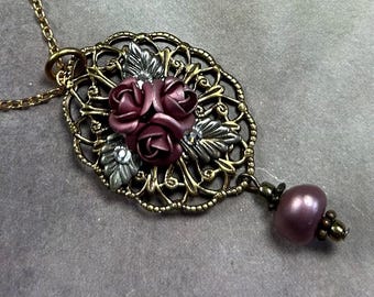 Pink Rose Necklace and Earring Set, Antique Gold Filigree Pendant, Mauve Pearl Victorian Jewelry