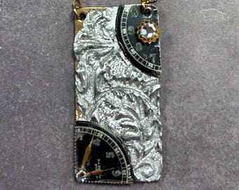 Steampunk Clock Necklace, Silver Textured Pendant, Antique Gold Chain, Crystal Accent Jewelry