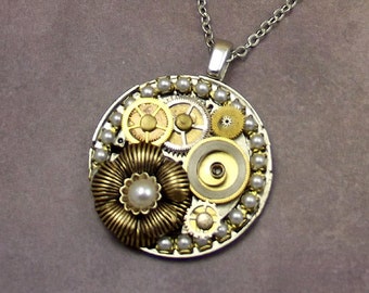 Steampunk Watch Necklace Silver, Gears Pearl Collage Stainless Steel Refashioned Upcycle Pocket Watch Pendant Necklace Recycled Jewelry