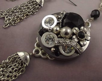 Black Crystal Assemblage Necklace and Earring Set, Silver Tassel Statement Jewelry, Rhinestone Pendant