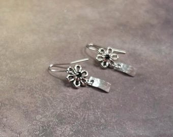 Silver Flower Earrings with Black Crystal Centers, Hammered Metal Dangle Earrings, Industrial Floral Jewelry