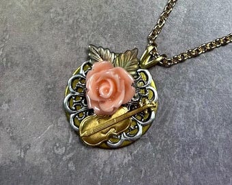 Violin Necklace and Earring Set, Peach Rose Jewelry, Antique Gold Floral Music Lover Gift