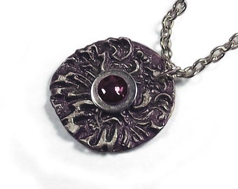 Women's Purple Pendant Necklace with Purple Jewel, 1" Round Soft Solder Stamped and Oxidized, Hand Painted Organic Jewelry Gifts