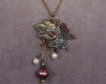 Butterfly Necklace and Earring Set, Mauve Pearl and Mixed Metal Leaf Jewelry, Victorian Style