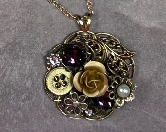 Victorian Rose Necklace, Purple Crystal and Pearl Pendant, Antique Gold Floral Statement Jewelry