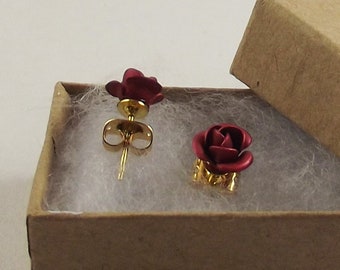 Red Rose Earrings, Stud Earrings, Minimalist Jewelry, Anodized Aluminum Rose, Inexpensive Women Gift, Little Girl Earrings, Little Girl Gift