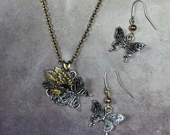 Butterfly Necklace, Mixed Metal Leaf Pendant, Antique Brass and Silver Statement Jewelry
