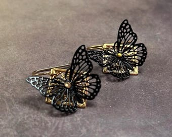 Black Butterfly Earrings, Antique Gold Geometric Dangle Earrings, Victorian Insect Jewelry
