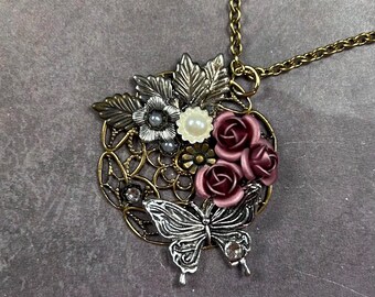 Victorian Butterfly Necklace and Earring Set, Pink Rose Floral Jewelry, Mixed Metal Statement Necklace