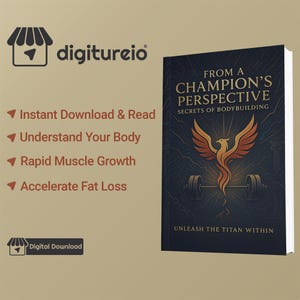 Könnte beinhalten: Ein Buchcover mit einem roten und gelben Phönix, der sich von einer Langhantel erhebt. Der Titel lautet "From a Champion's Perspective: Secrets of Bodybuilding". Der Untertitel lautet "Unleash the Titan Within".