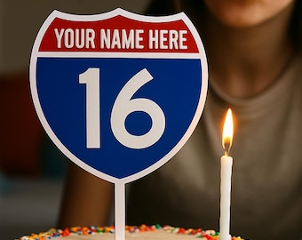 May include: A white cake with colorful sprinkles and a blue and red highway sign with the number 16 and the text "YOUR NAME HERE" on it. A single lit candle is in front of the cake.