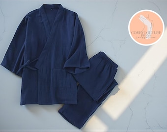 Cotton Gauze Kimono Pajama Set | V-Neck Loungewear