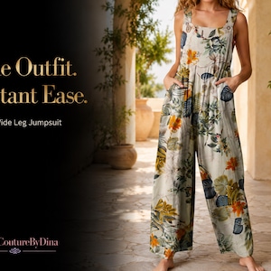 Mono de pierna ancha con estampado floral para mujer / Mono sin mangas con escote cuadrado / Mono informal fluido con bolsillos